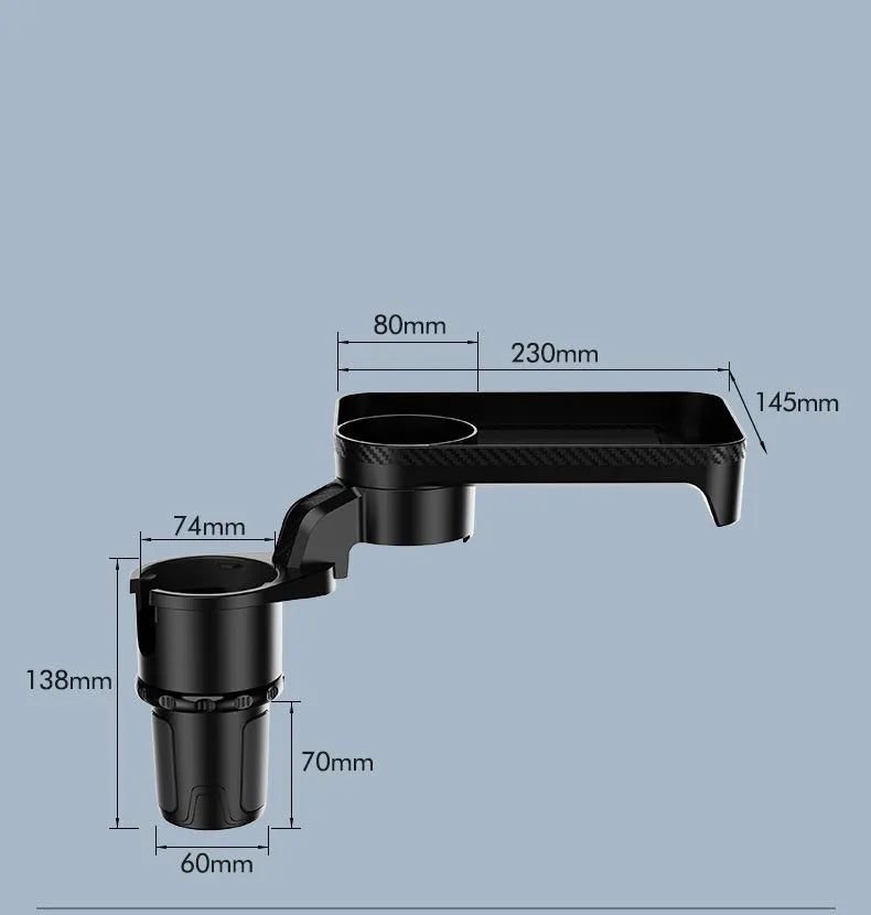 Black rotating car tray holder with detachable plate mounted in vehicle cup holder