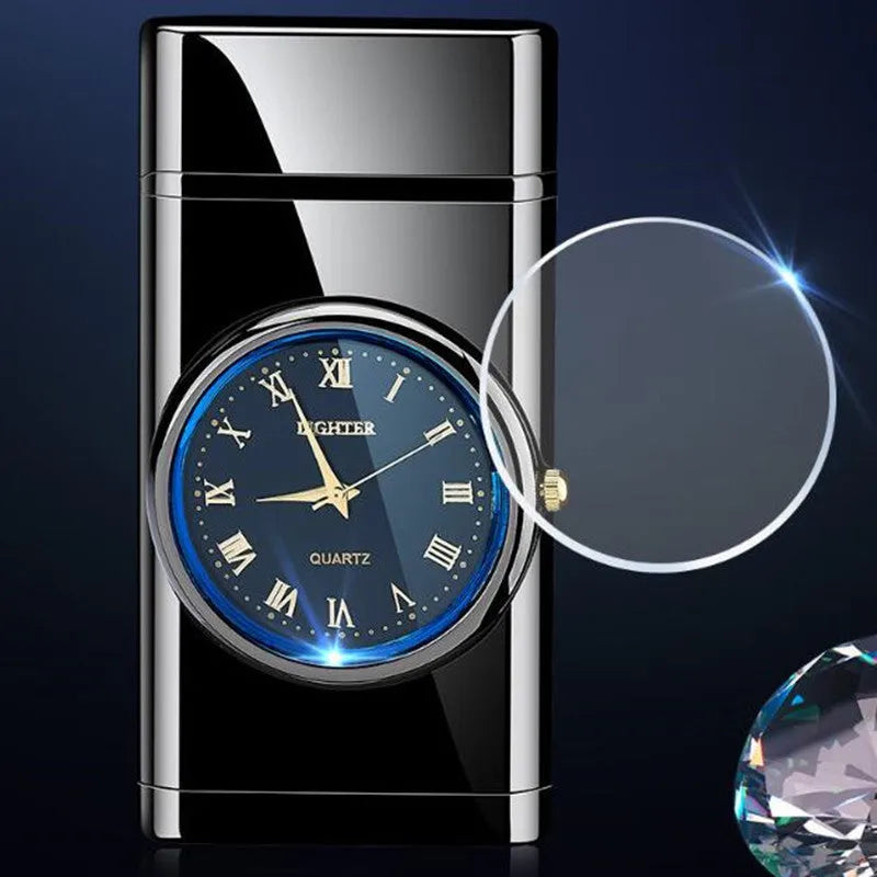 Multifunctional metal electronic lighter with watch display and LED flash lamp in black brushed finish.