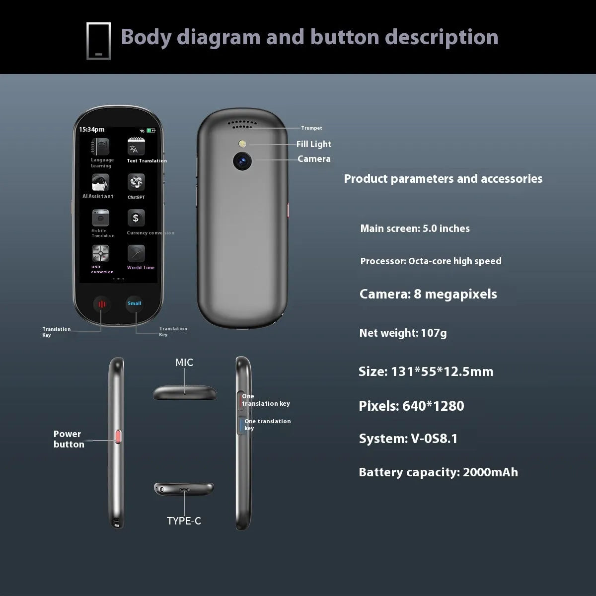 Black simultaneous interpretation translator device for business meetings with lanyard