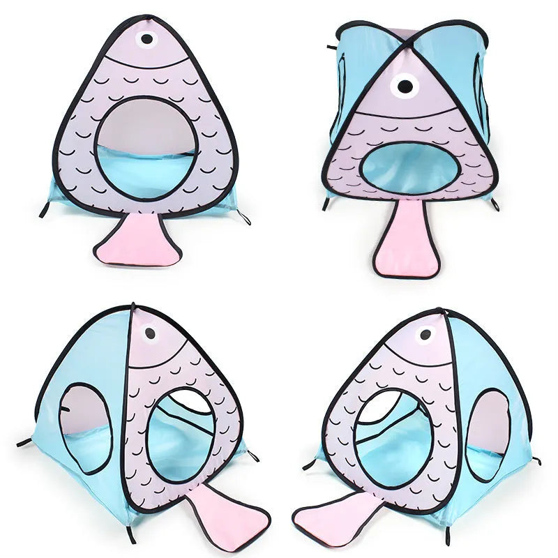 Foldable pet tent cat tunnel toy set with three-piece PP plastic construction and cat fish design