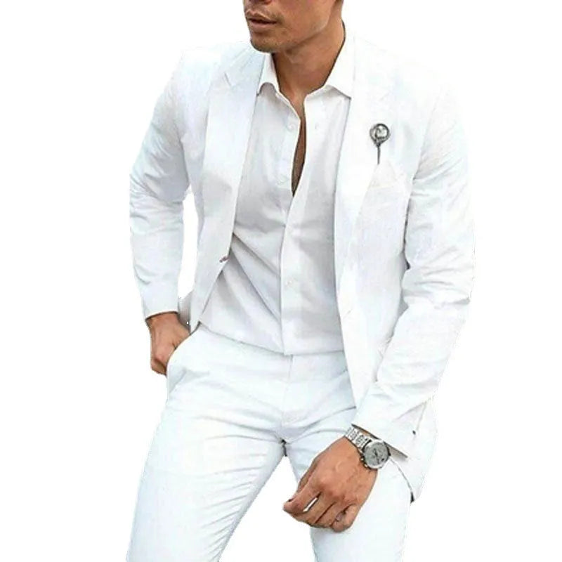 White slim-fit men's two-piece suit for wedding groomsman with Asian sizing options