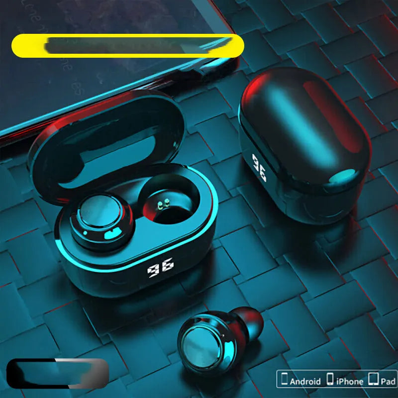 Black stereo Bluetooth headset with bilateral earplug design showing wireless earbuds