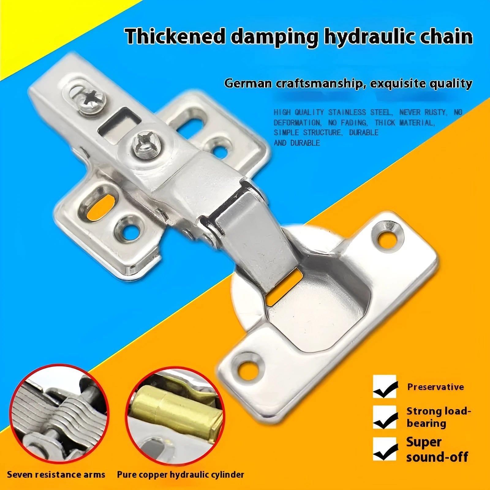 Nickel-plated hydraulic cabinet hinge with cold rolled steel construction and damping cushion mechanism