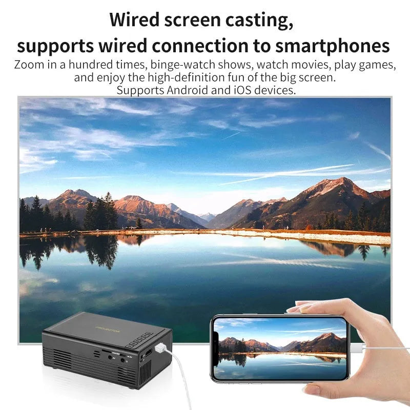 Black or white portable mini projector with wired mobile phone connectivity and 320x240 resolution