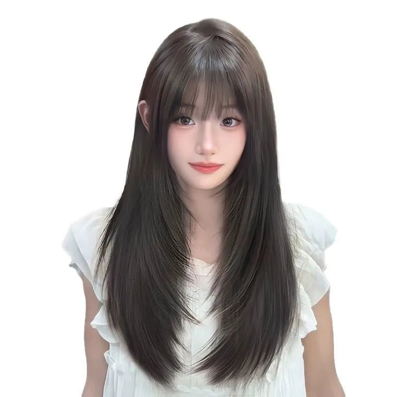 Women's full-head wear-free wig with long straight high layered black synthetic hair