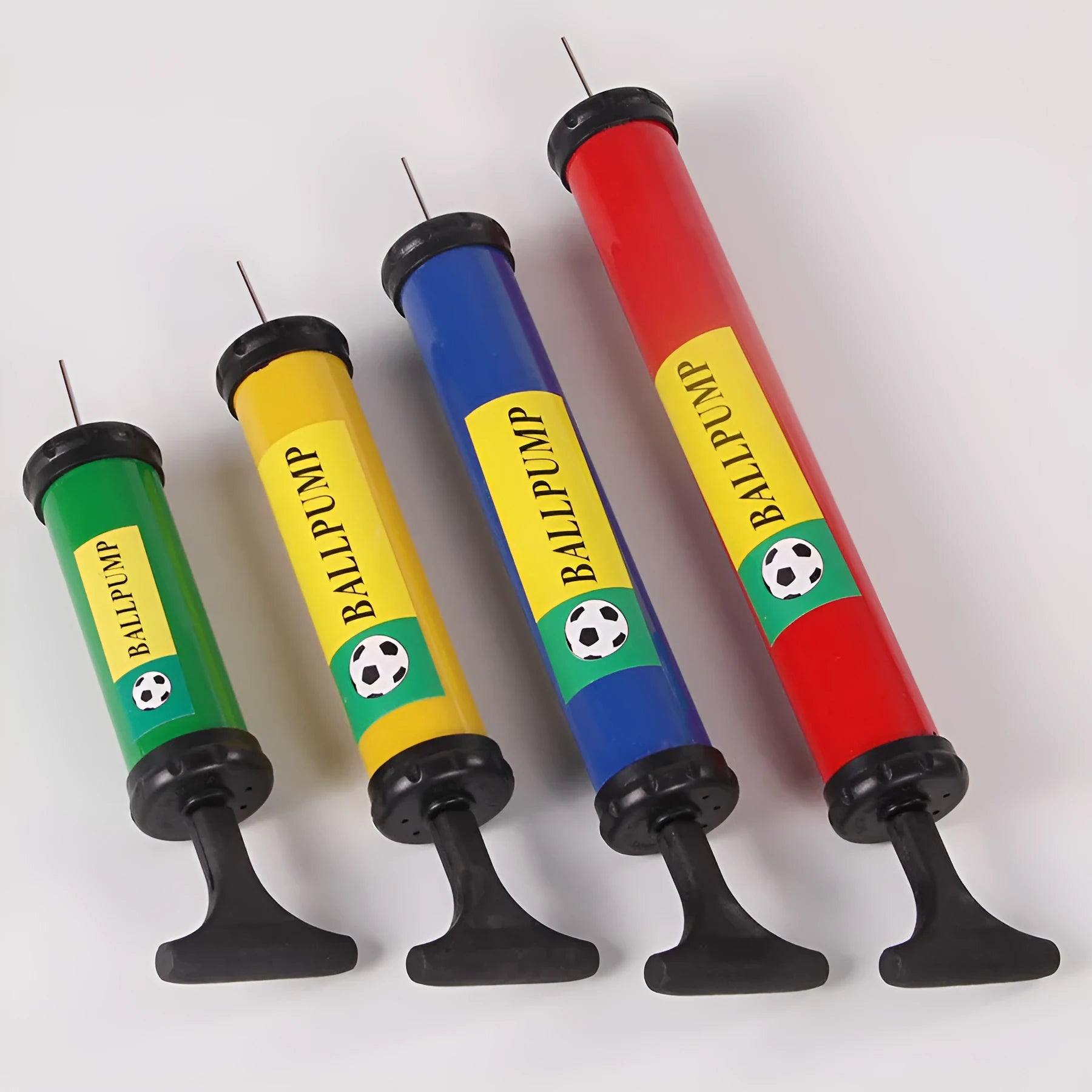 Manual plastic balloon pump for sports balls with 20-32 cm length in mixed colours