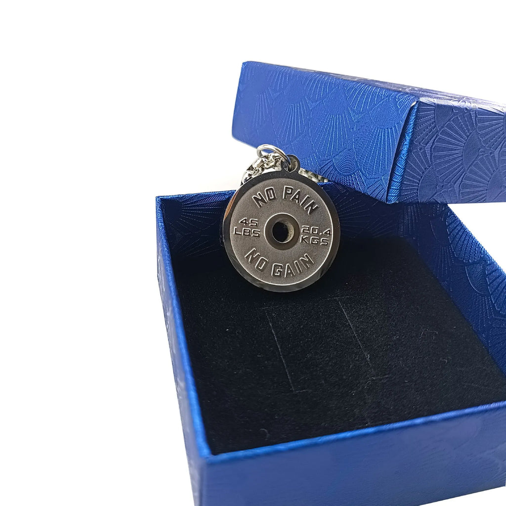 Stainless steel barbell disk necklace with geometric pendant on 60cm chain options