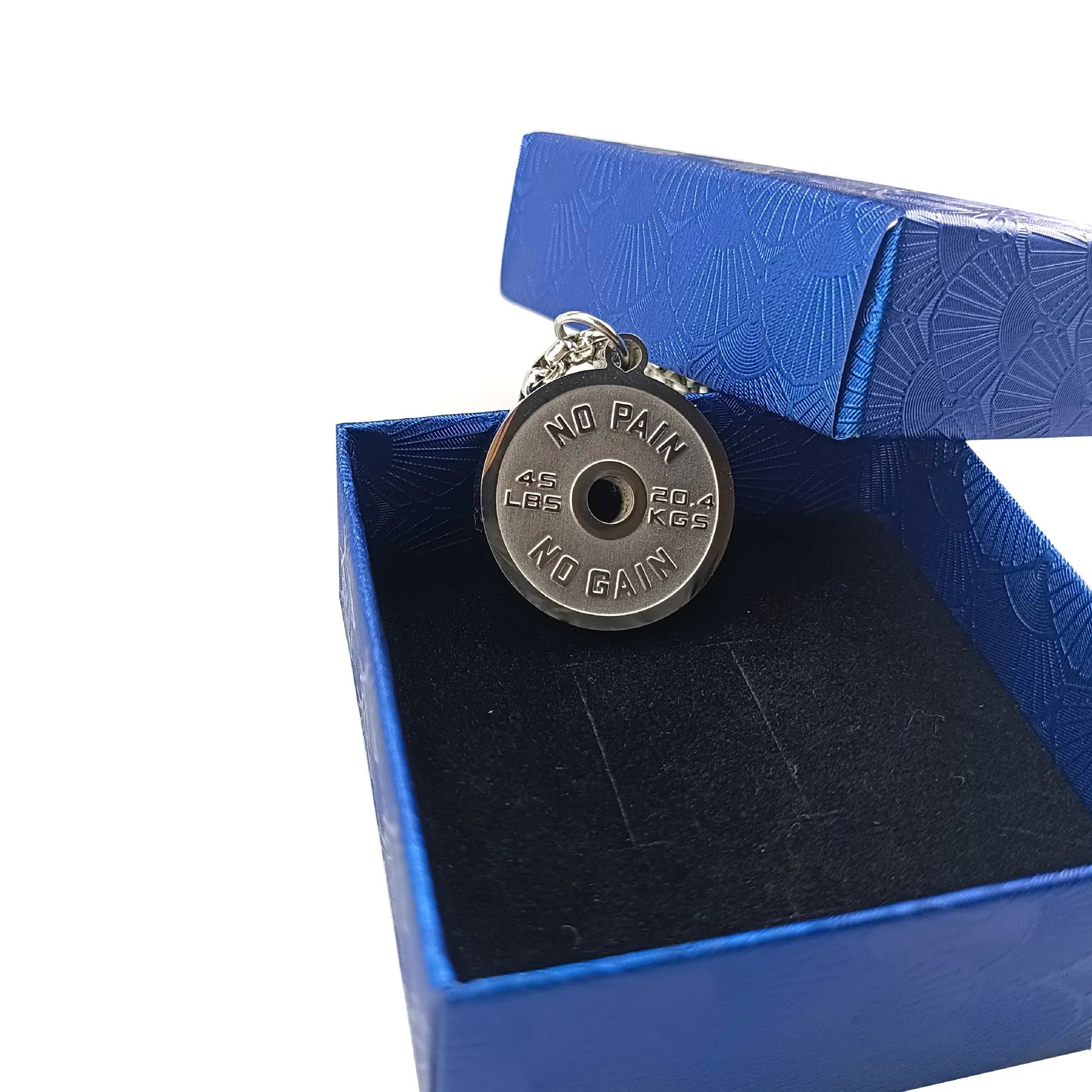 Stainless steel barbell disk necklace with geometric pendant on 60cm chain options