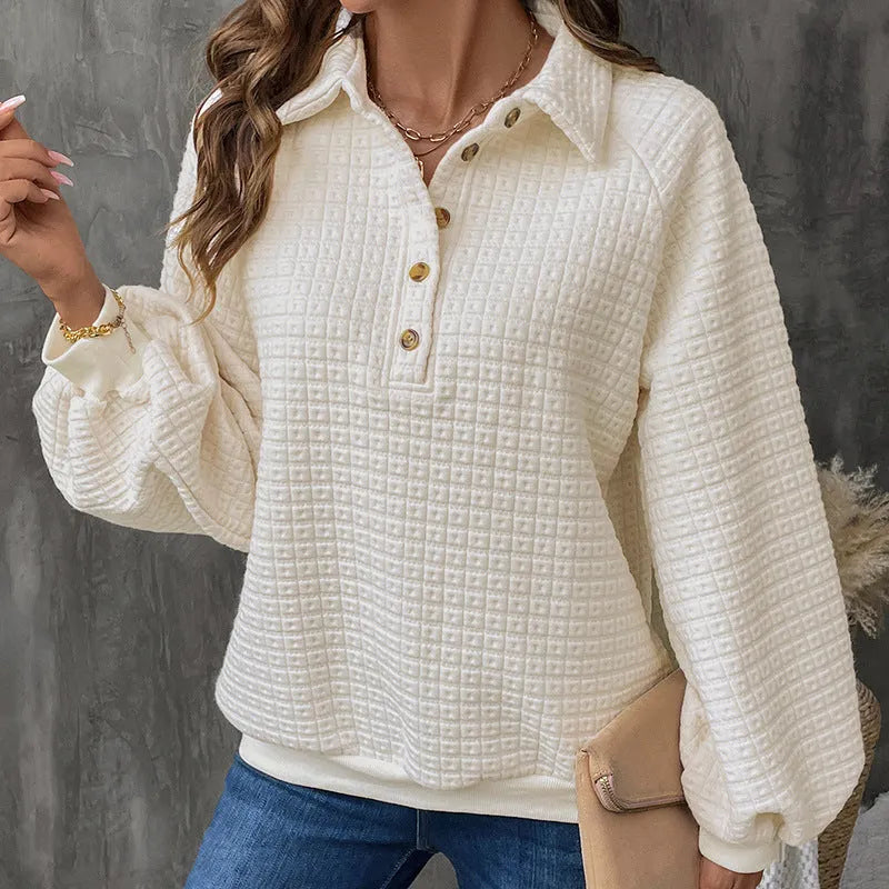 Women's milky white polo collar textured sweater on a hanger