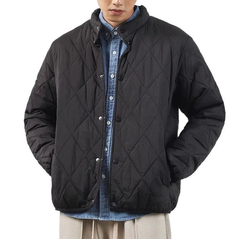Men's black diamond lattice winter jacket with lengthened 100cm cut and loose fit