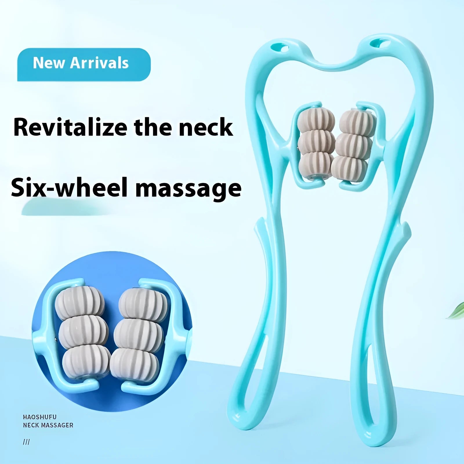 Blue plastic handheld massager with six wheels for neck, shoulder, and waist tension relief.