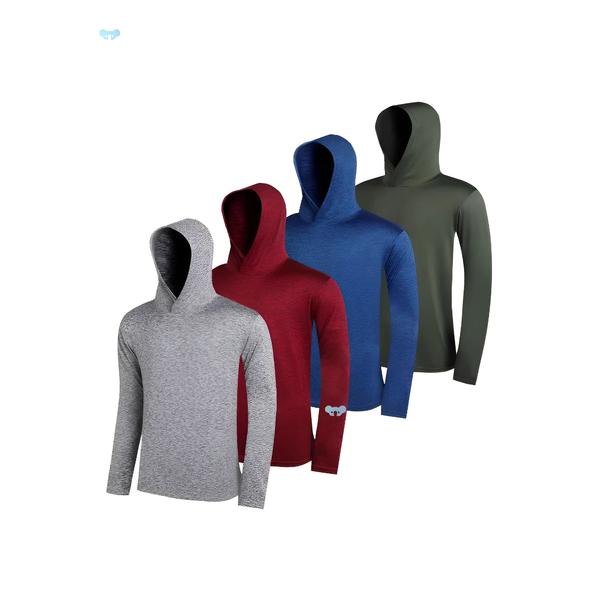 Four men's lightweight hoodies in different colours showing elastic polyester fibre fabric and hooded design