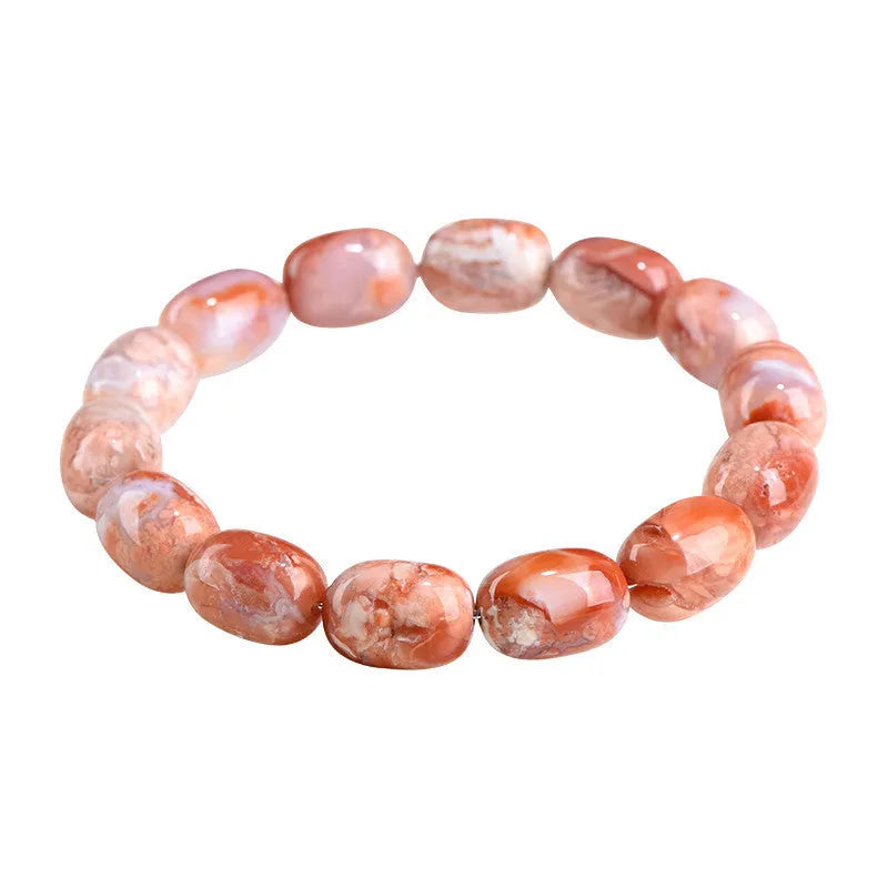 Natural cherry agate barrel bead bracelet with Ruyi design, 10x14mm beads on wrist