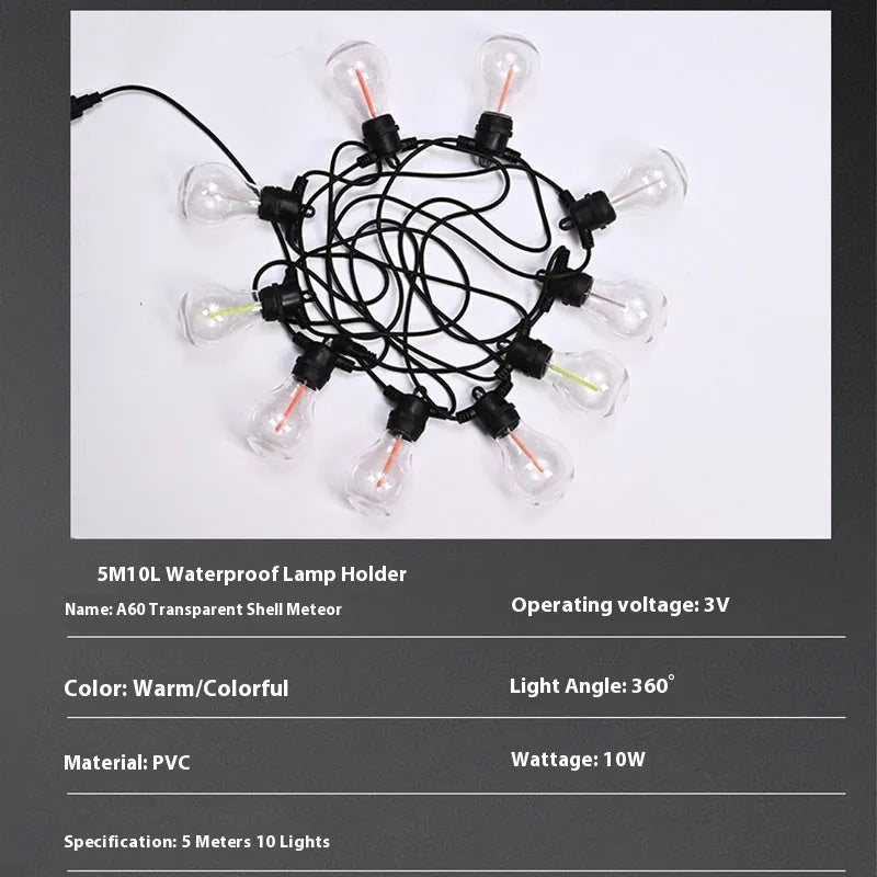 Waterproof outdoor decorative string lights with 10 transparent meteor bulbs on 5 metre cable