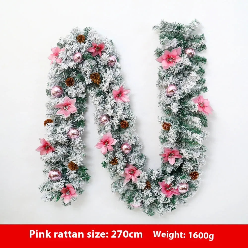 Christmas rattan garland with flocked finish in classic American style, shown in golden colour