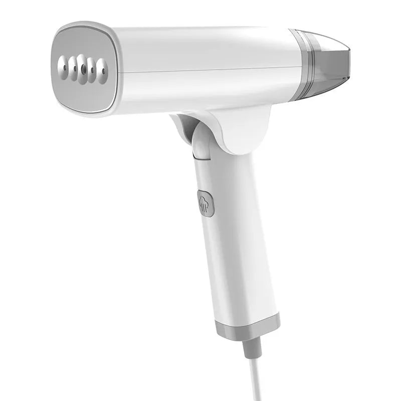 Blue handheld garment steamer with mechanical controls and water tank