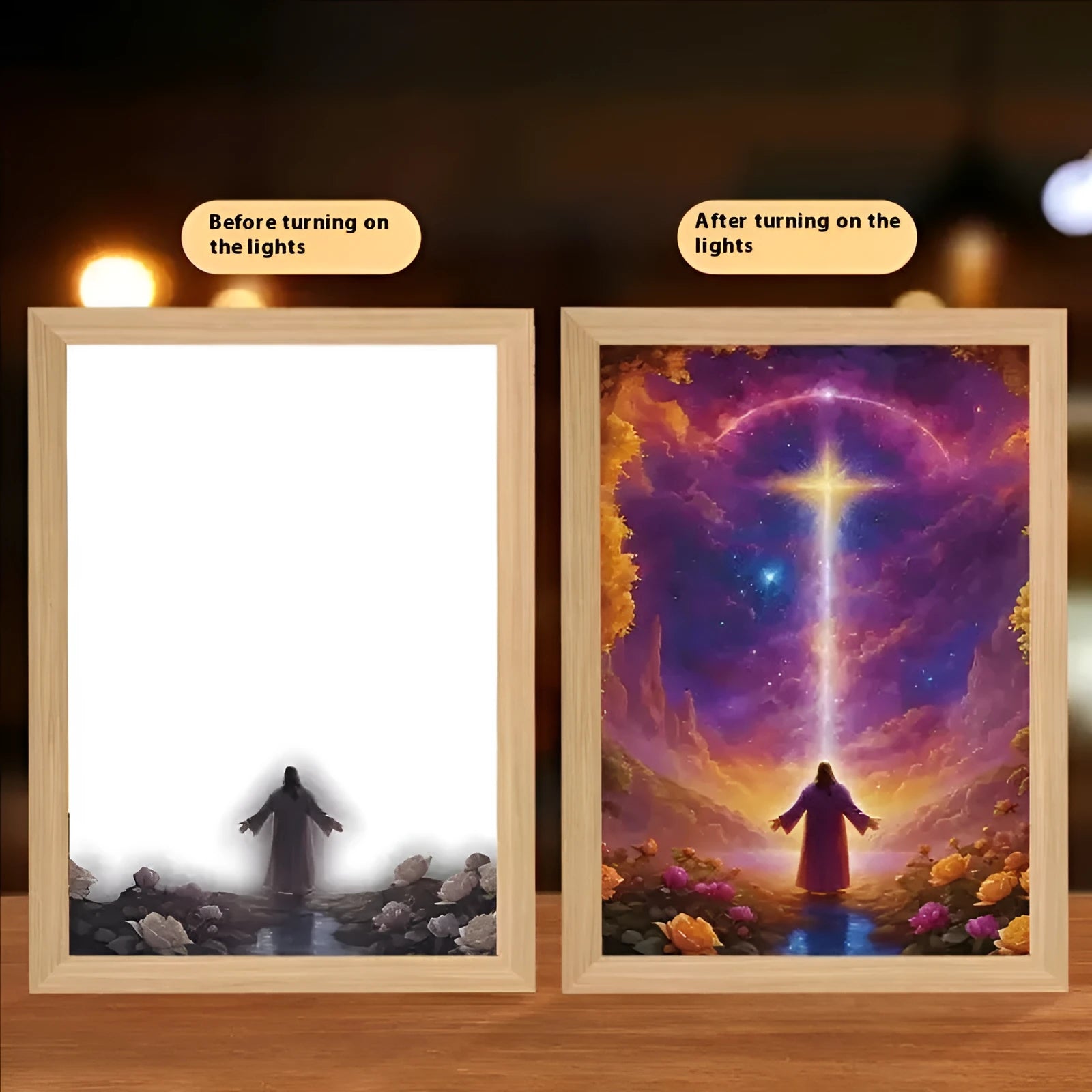 Handmade engineered wood LED frame displaying religious cross light drawing with USB cable