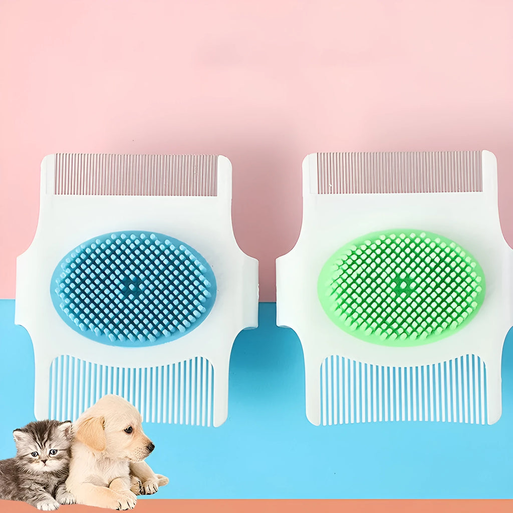 Blue or green multifunctional pet grooming comb for hair removal and massage, 8.5 cm long.
