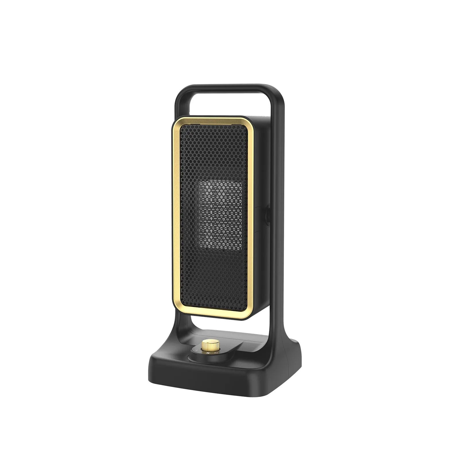 Compact black desktop PTC ceramic air heater with control knob on front.