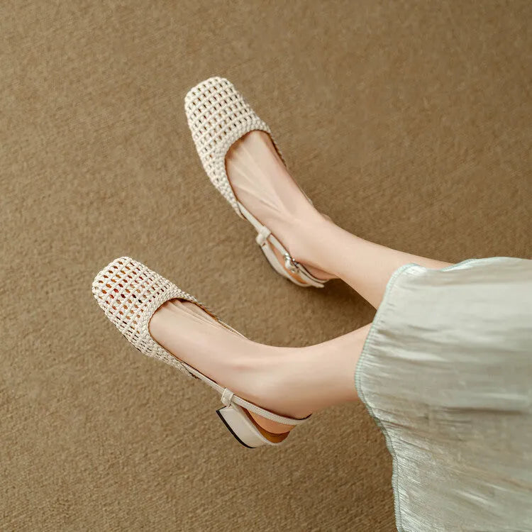 Women's beige woven hollow-out sandals with closed toe, chunky 4cm heel, and ankle buckle strap on a white background.
