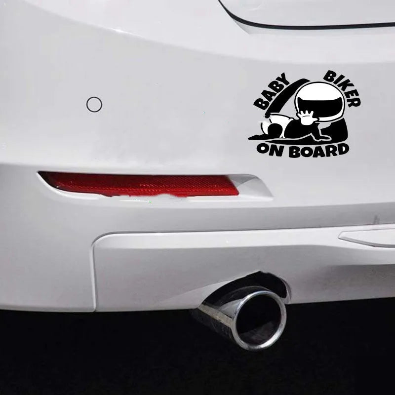 Reflective Baby On Board warning car sticker in black or white, measuring 14.5 by 15 centimetres.