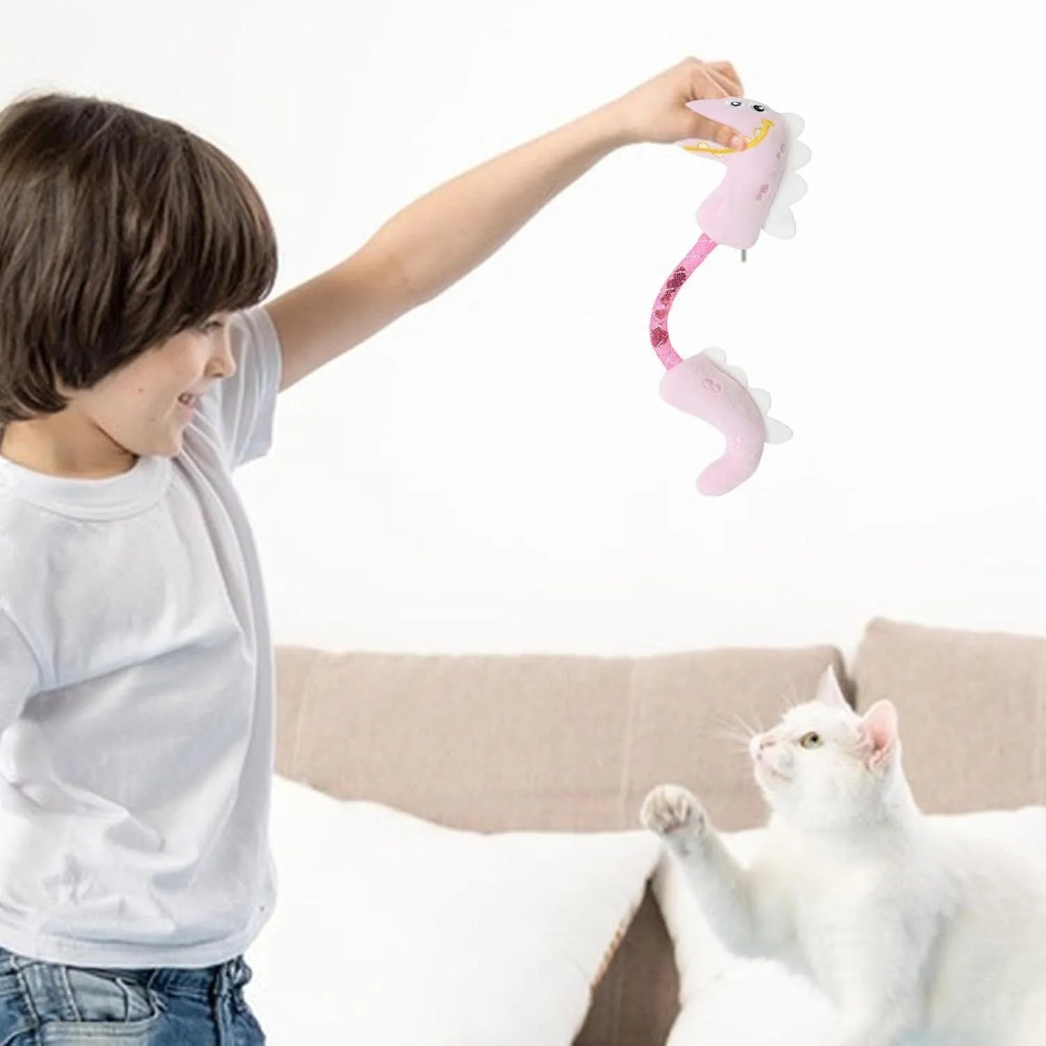 Set of four cat toys including rope, kicker toy, springs, and plush chew toys in pink, purple, or yellow colours