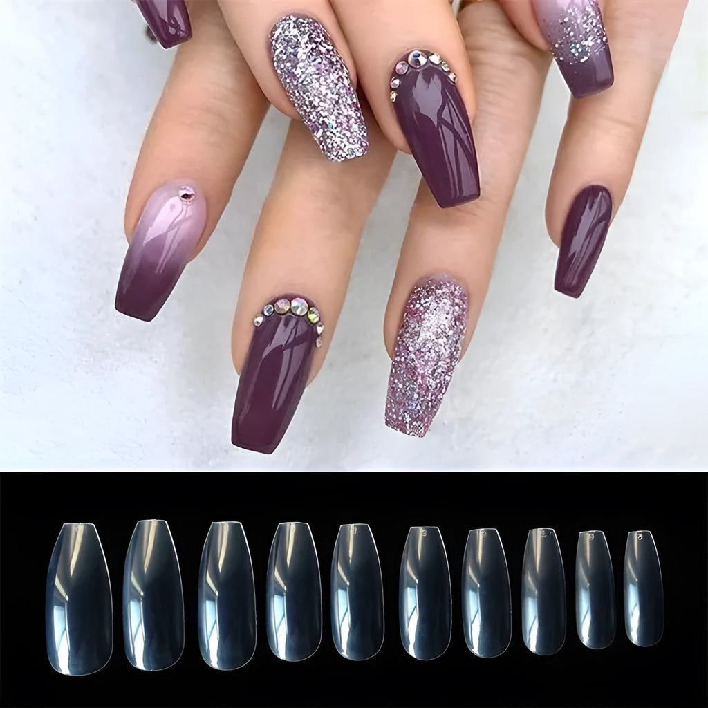 500 clear acrylic false nails in 10 sizes with natural transparent colour for professional or home nail applications