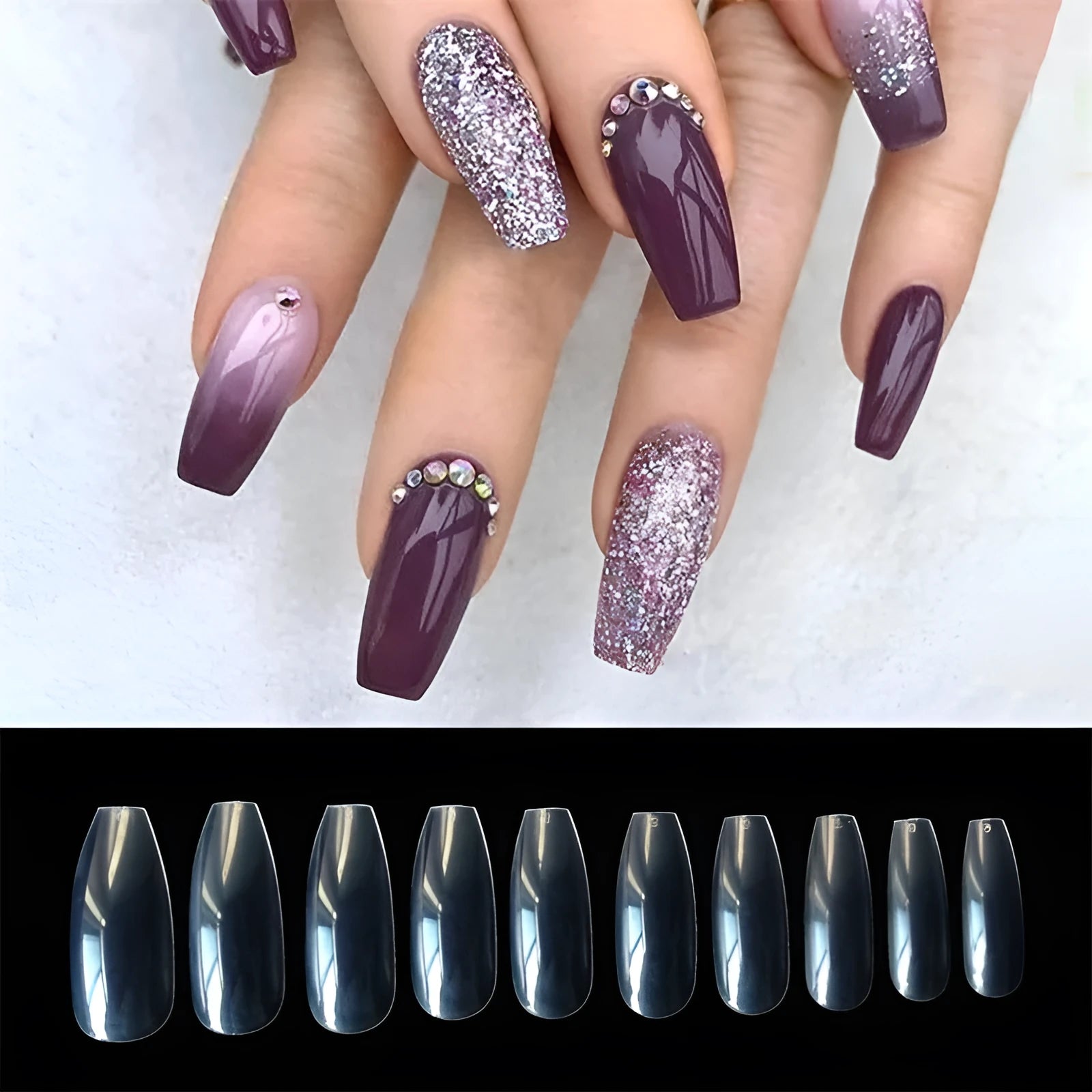500 clear acrylic false nails in 10 sizes with natural transparent colour for professional or home nail applications