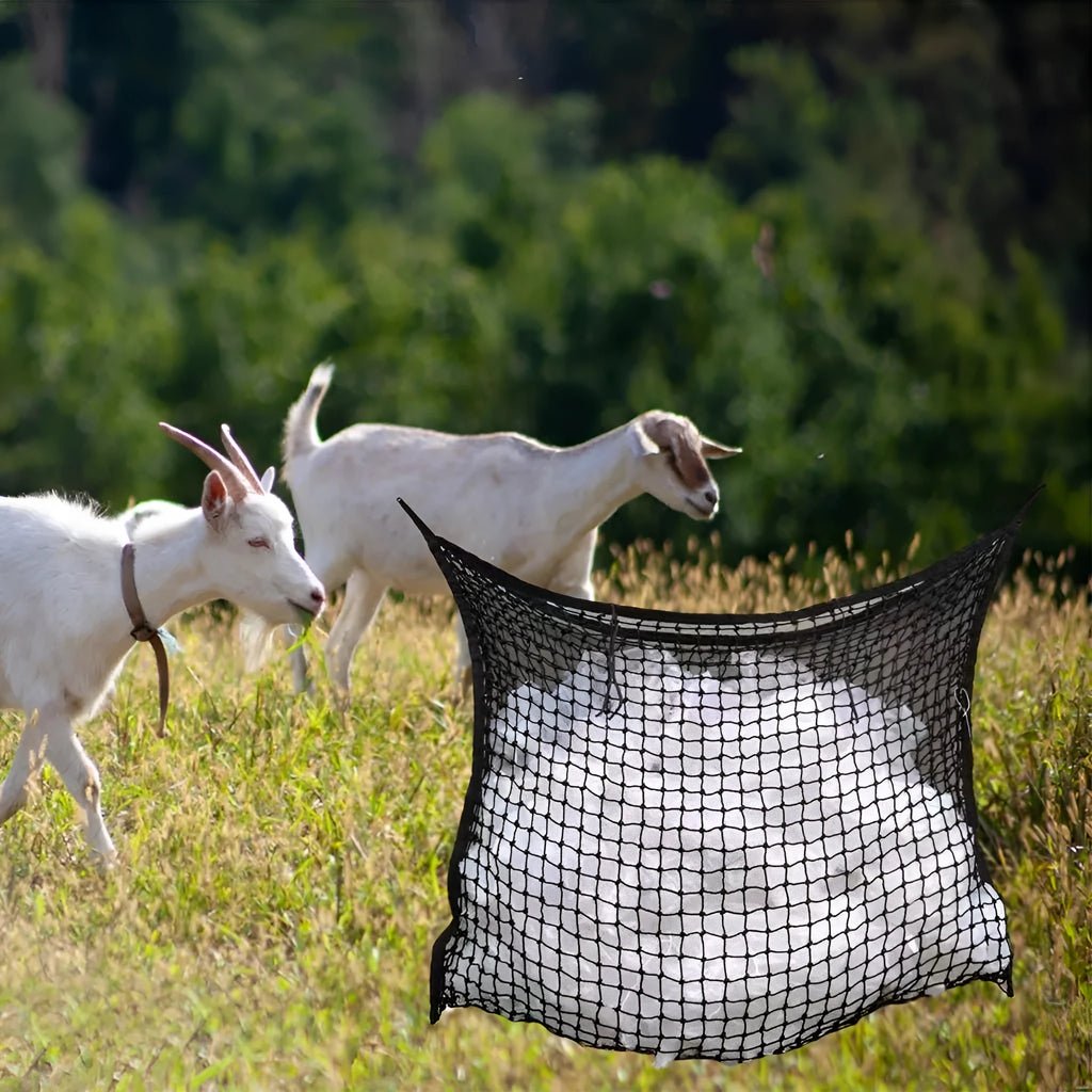 Woven PE rope feeding bag with grid design for horses and cattle in agricultural setting