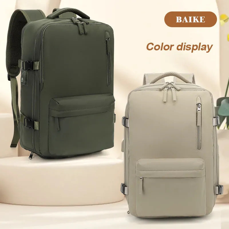 Large capacity women's travel backpack in light grey colour with curved shoulder straps