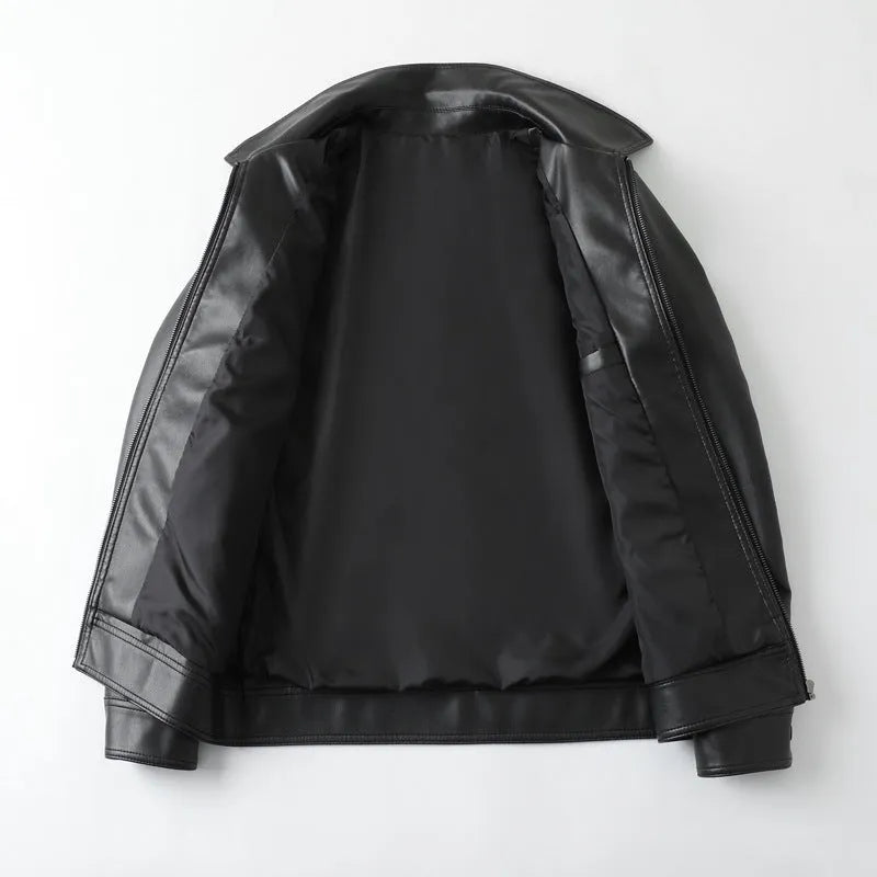 Men's black PU leather casual jacket with zipper and pockets in loose fit design