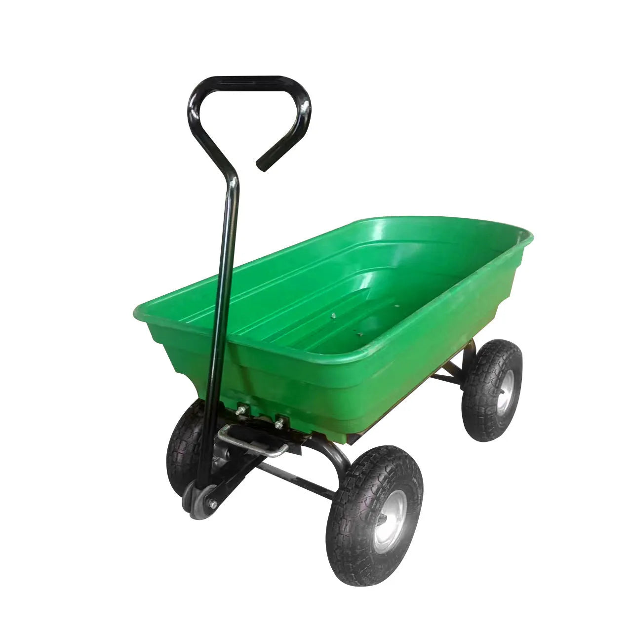 Green four-wheel steel and plastic dumptruck with a large hauling bed.