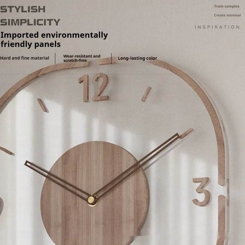 35cm square transparent wall clock with wooden frame in modern design