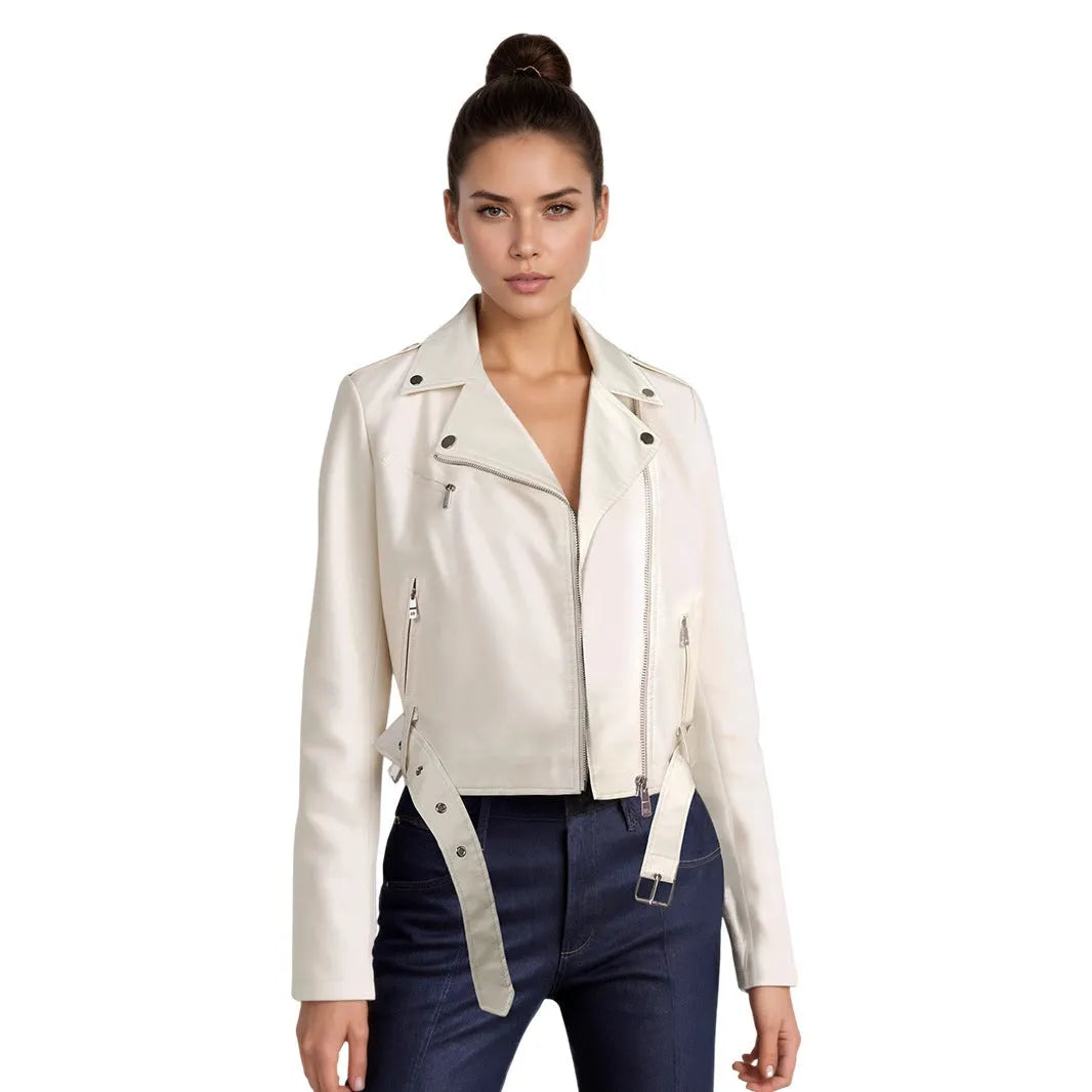 Women's red PU leather motorcycle jacket with a short lapel collar and an adjustable waist belt.