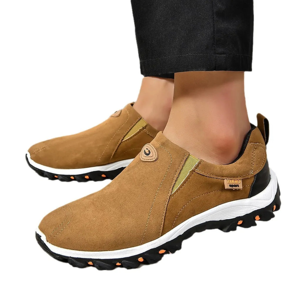 Men's grey round head oversleeve shoes with a shallow mouth and rubber sole.