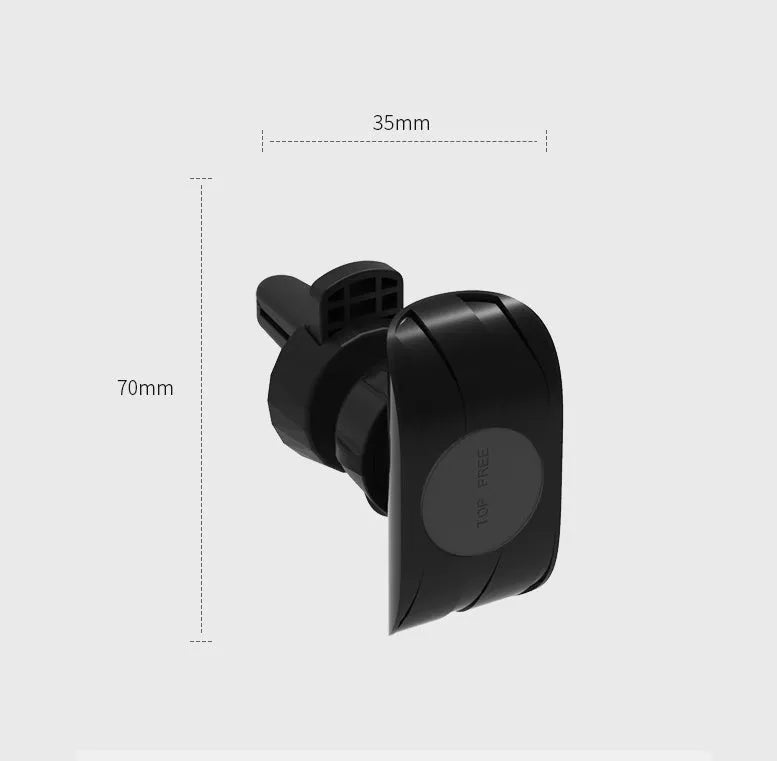 Black car phone holder mounted on car air vent with smartphone secured in adjustable clamp