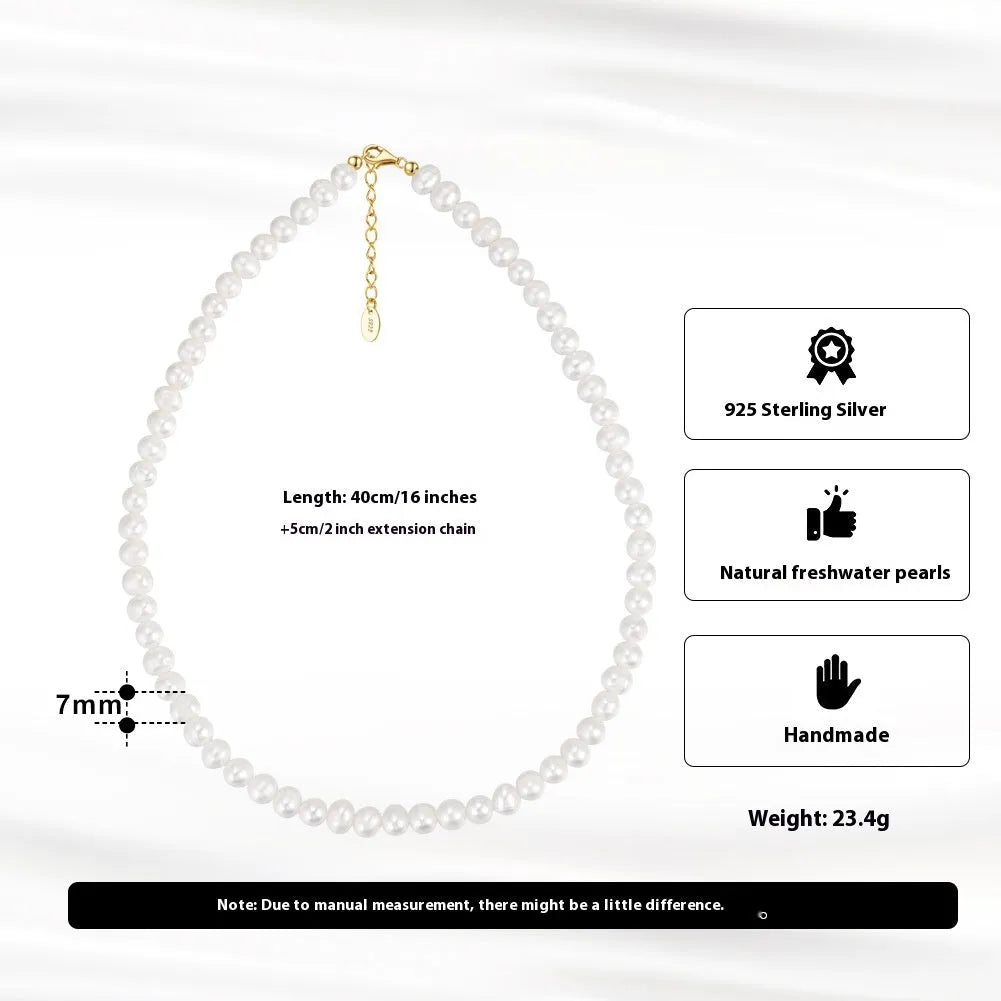 Women's adjustable freshwater pearl necklace with 6-7mm natural pearls on sterling silver chain