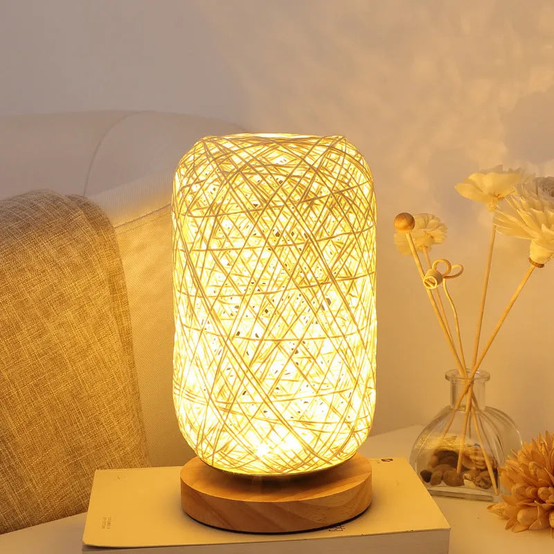 Sepak Takraw desk lamp made from hemp rope with solid wood base and LED light