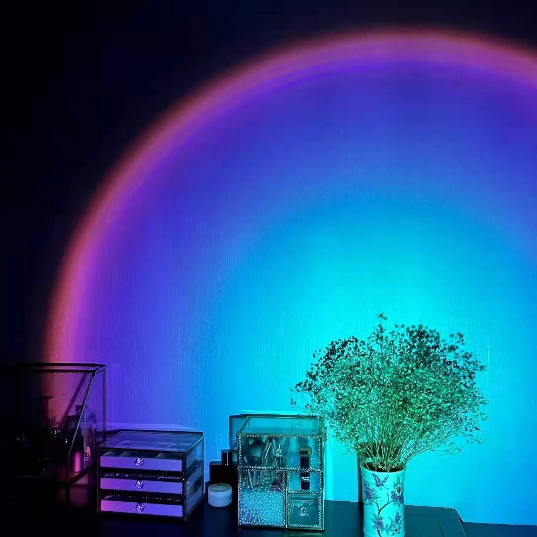 USB rechargeable sunset red rainbow projection atmosphere lamp with push button.