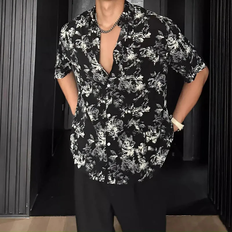 Men's loose casual printed short sleeve shirt with floral design in black colour