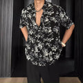 Men's loose casual printed short sleeve shirt with floral design in black colour