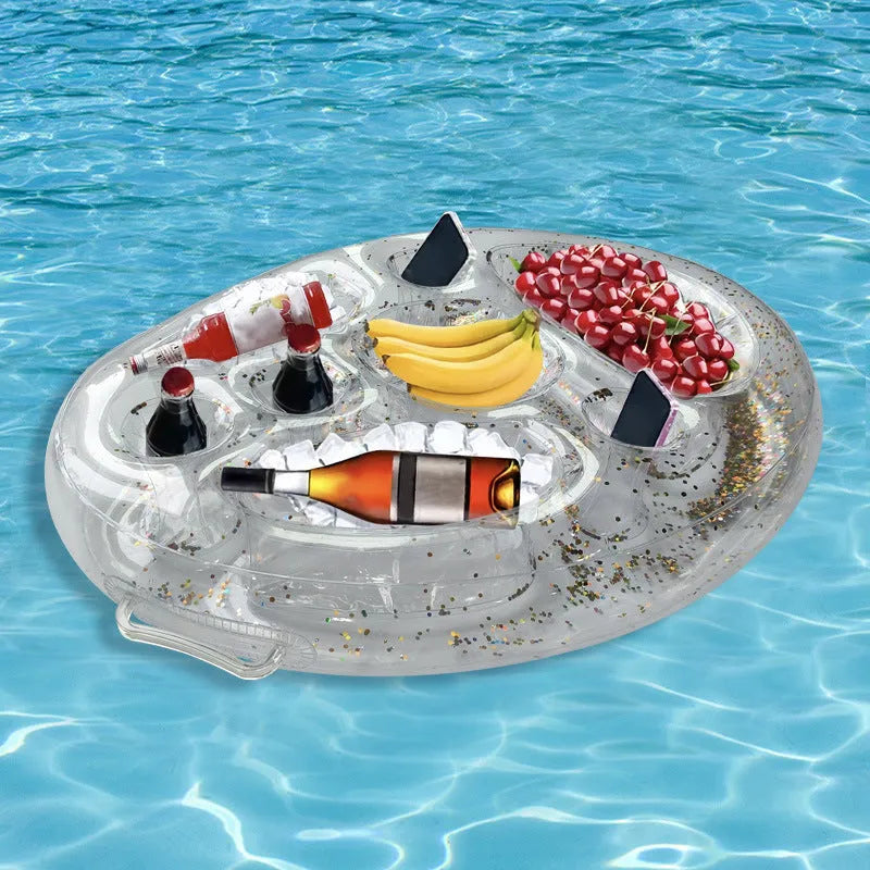 Inflatable ice bar serving station with cup holders and a yellow beer steins ice bucket for parties.