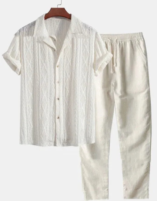 Men's loose short sleeve shirt and full-length trousers casual suit set on a hanger.