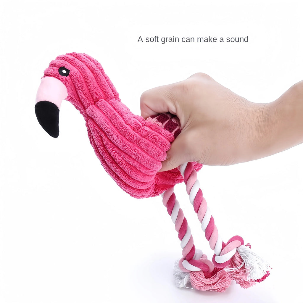 Pink corduroy animal-shaped squeaky dog toy with bite-resistant construction for small and large breeds