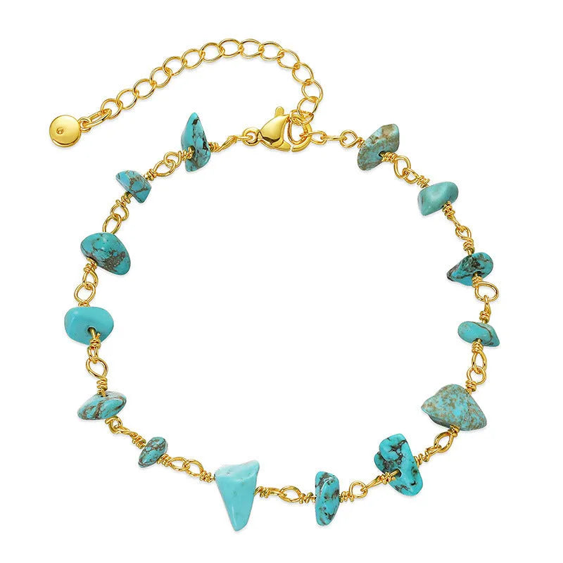 Women's geometric 18K copper bracelet with irregular natural gravel texture and turquoise accents