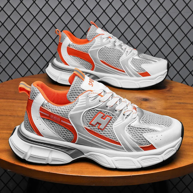 Men's mesh running shoes in three colour options with plastic sole and round toe design