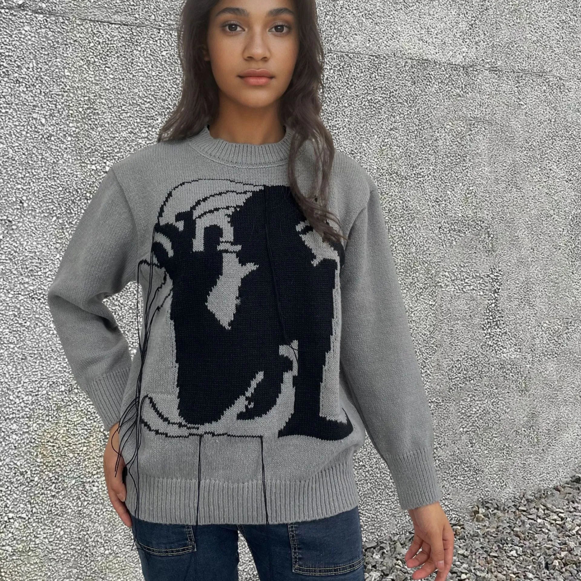 Women's loose fit alpaca wool sweater with abstract tassel design in grey colour