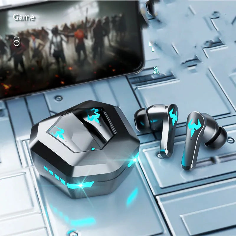 Black Bluetooth stereo gaming headset with in-ear design for sports and gaming use