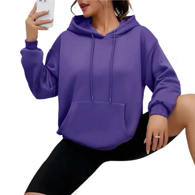 Women's loose grey drawstring hood sweatshirt with front pocket, long sleeves
