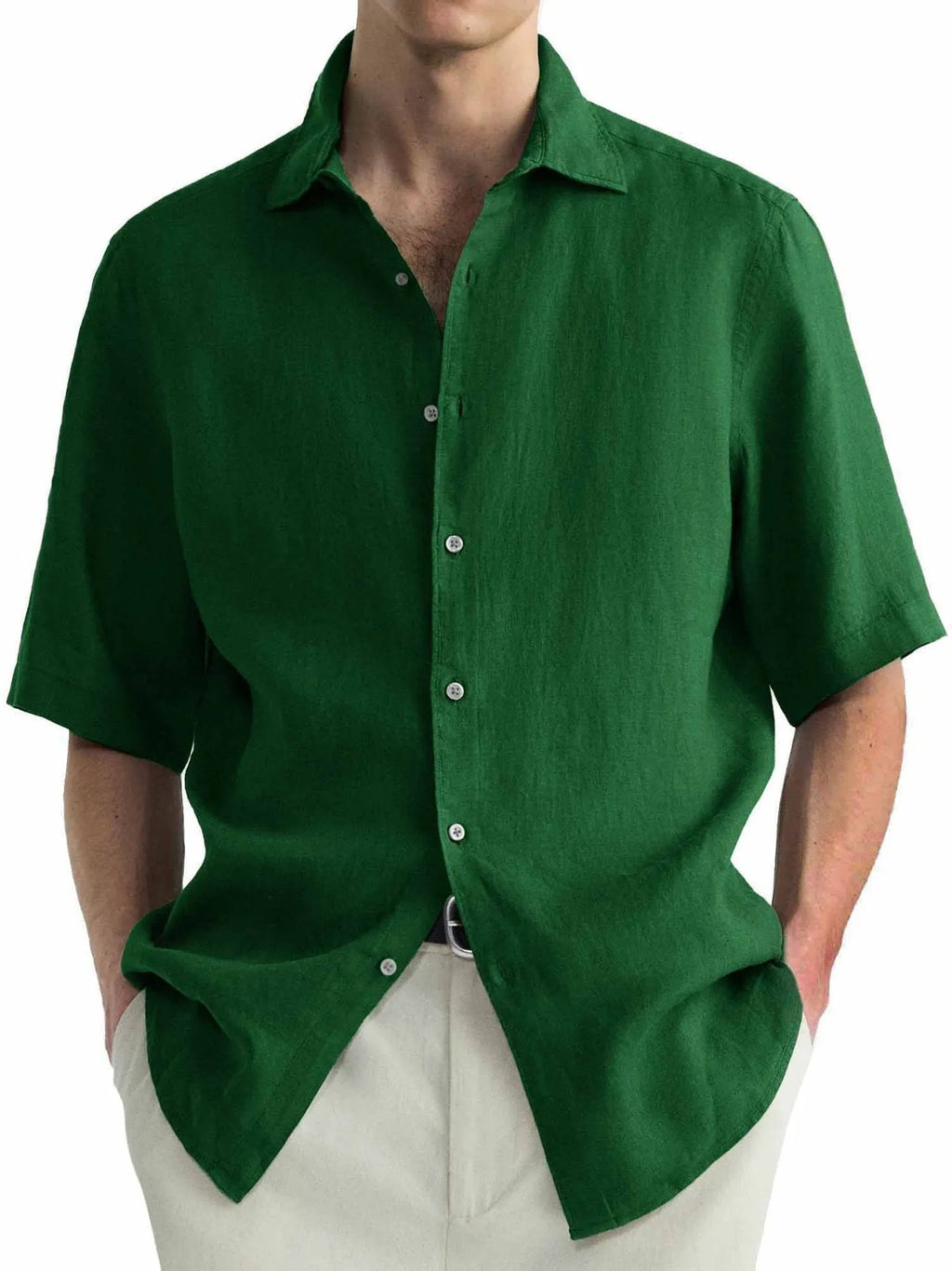 Men's green washed cotton cardigan-style casual shirt on a hanger